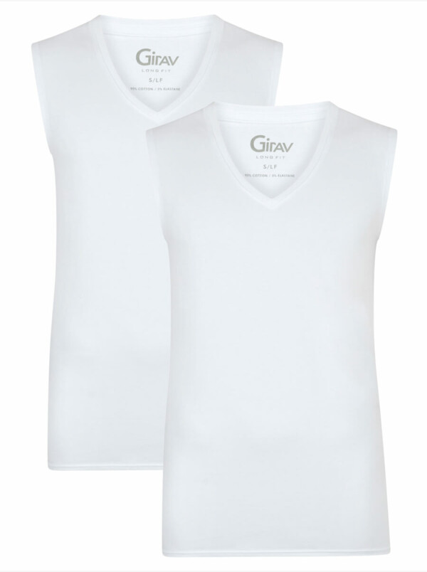 Girav Lang Wit Mouwloos Shirt Singlet Tanktop V-hals Stretch Valencia 2-pack voor Mannen
