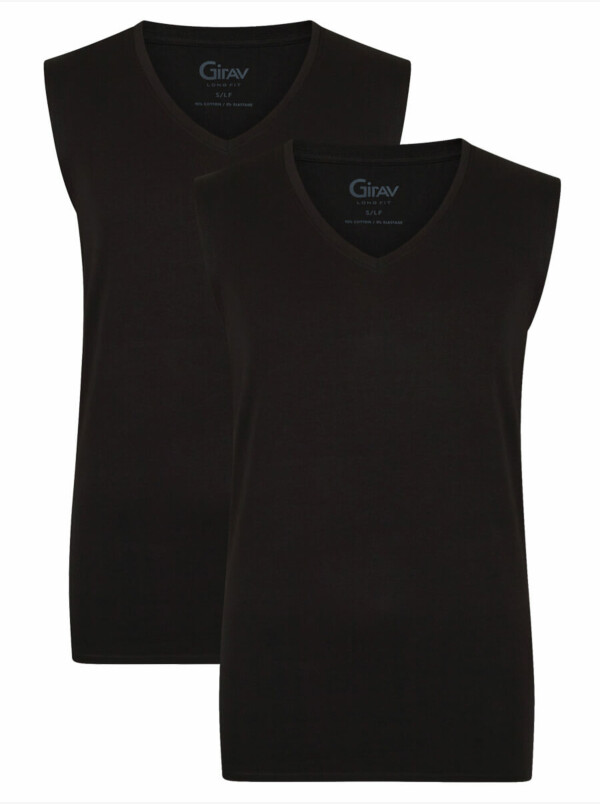 Girav Lang Zwart Mouwloos Shirt Singlet Tanktop V-hals Stretch Valencia 2-pack voor Mannen